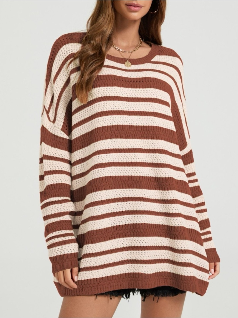 💖Striped Rust and White Knit Drop Shoulder Sweater - Casual Oversized Crewneck